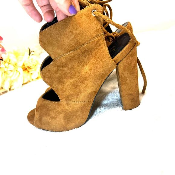 Tan Brown Suede Open Toe Tie Up Heels Size 7.5 - Picture 11 of 11